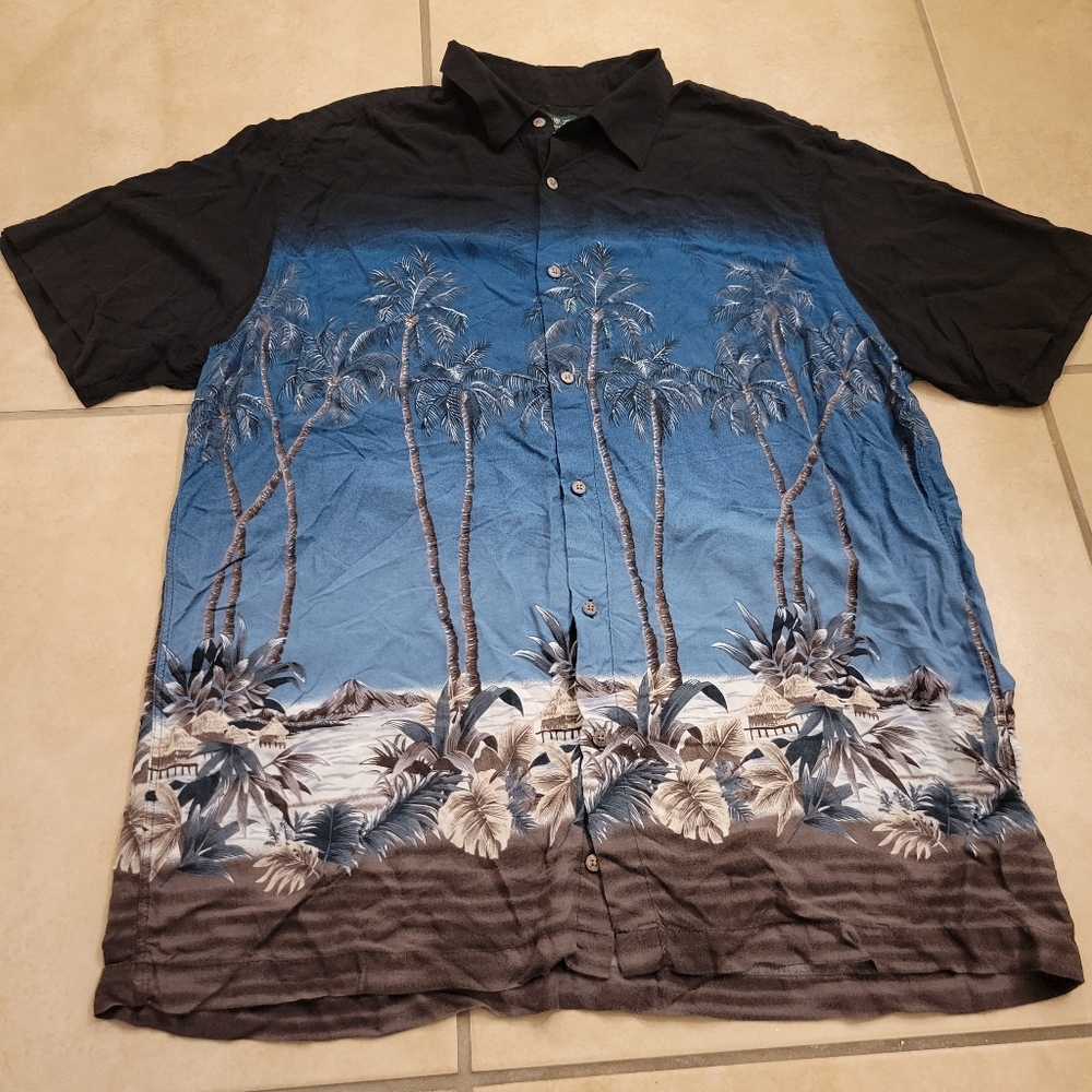 Men's Blue and Black Tropical Shirt David Taylor XL Rayon Button Down